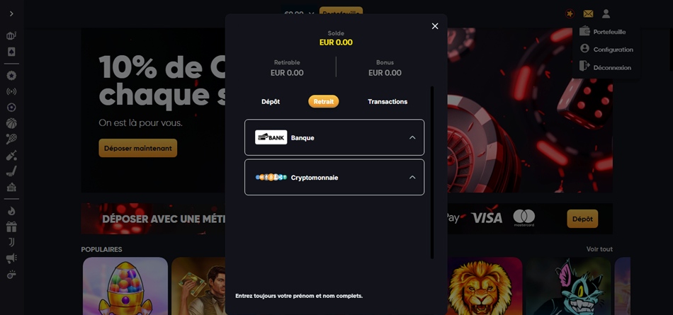 S&eacute;lectionner le mode de retrait rapide disponible
